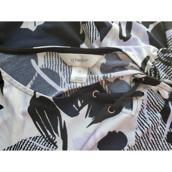CJ Banks Womens Top 1X Plus Tunic 3/4 Sleeve Lace Up Black Floral FLO340E - Picture 7 of 8